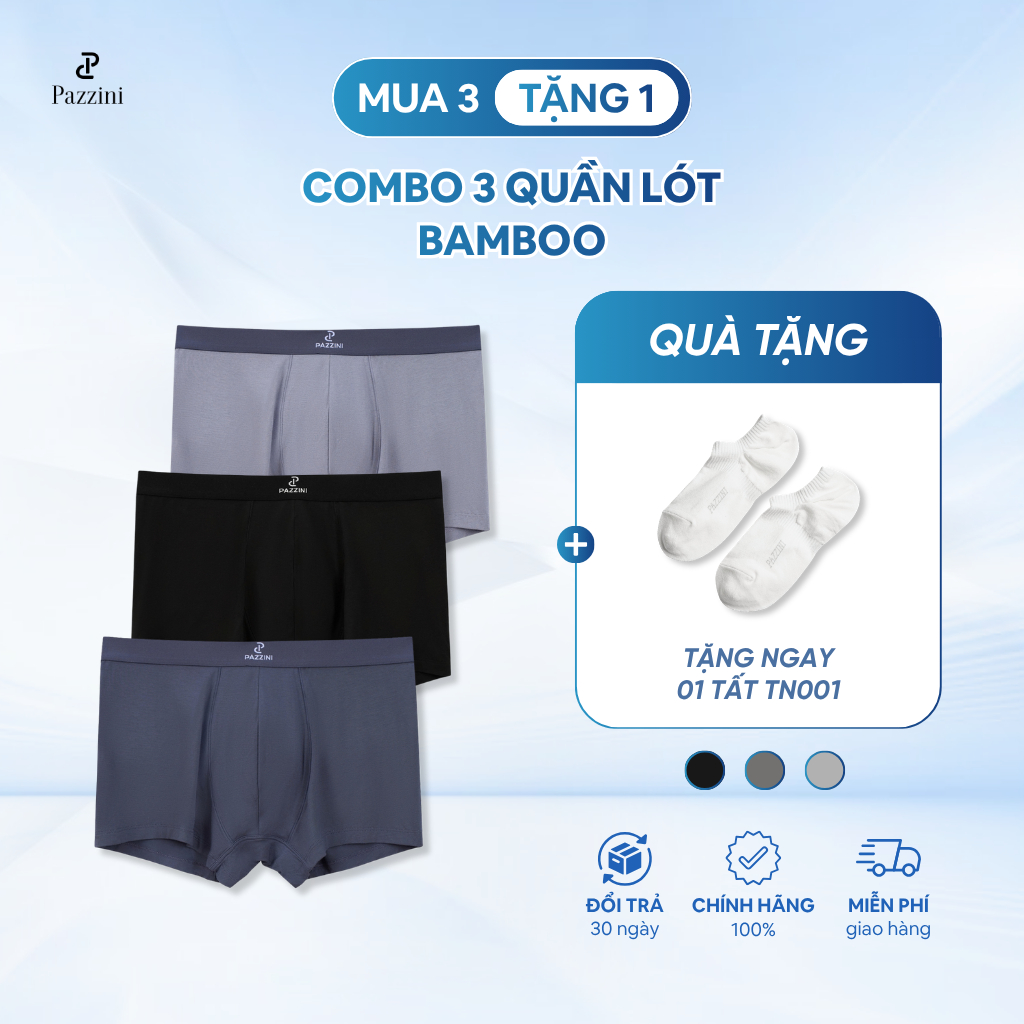 Combo 3 quần lót nam boxer bamboo kháng khuẩn PAZZINI , quần sịp nam co giãn 4 chiều, thấm hút  - BX