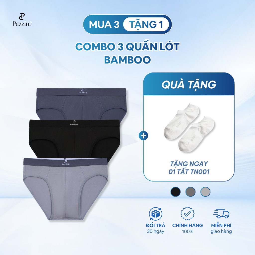Combo 3 quần lót nam tam giác PAZZINI bamboo kháng khuẩn, quần sịp nam co giãn 4 chiều, thấm hút tốt