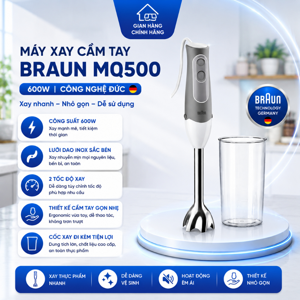 [Mẫu mới] Máy Xay Cầm Tay Đơn Năng Braun MQ500 | 600W, Kèm Cốc Đong | Xay Đa Dạng Thực Phẩm, Dễ Dàng