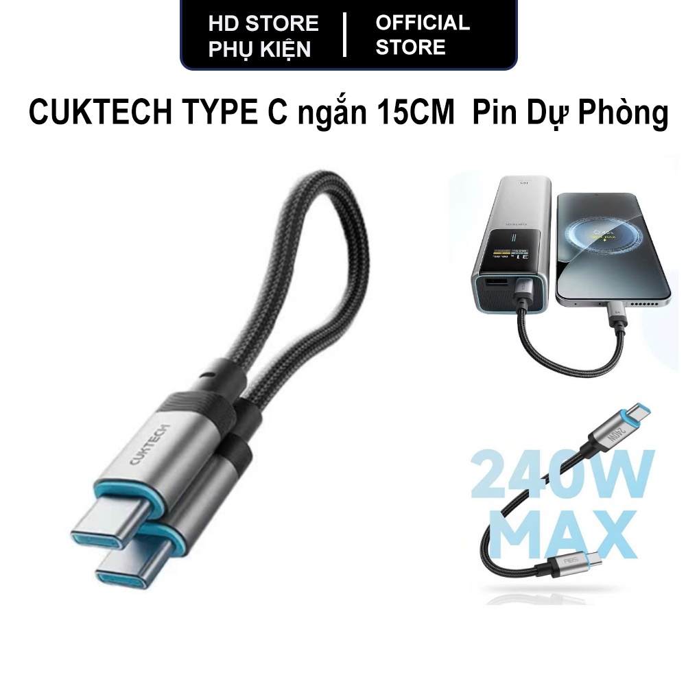 Cáp ngắn Cuktech Type C to C sạc nhanh 240W  từ tính  ngắn 15Cm bọc dù cho Điện thoại tai nghe lapto