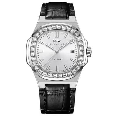 Đồng hồ nam chính hãng I&W CARNIVAL 750G2-D1 Kính sapphire,Chống nước ,Máy cơ (Automatic),mặt trắng đính đá dây da đen