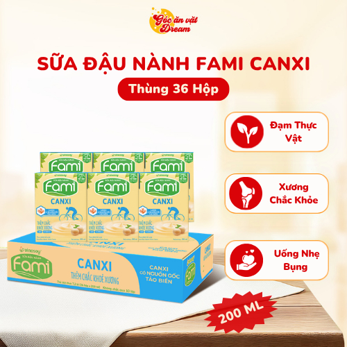 Sữa Đậu Nành Fami Canxi/nguyên chất 200ml, Sữa Fami thùng 36 hộp, Sữa uống bổ sung canxi, thơm ngon