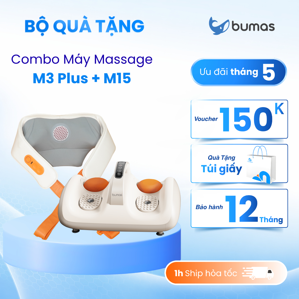 Set Quà Combo Máy Massage Cổ Vai Gáy BUMAS M3 PLUS + Máy Massage Bàn Chân BUMAS M15 hỗ trợ giảm đau