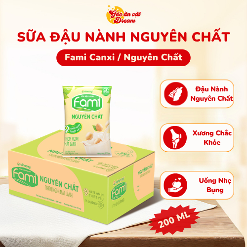 Sữa Đậu Nành Fami Nguyên chất/Can xi 200ml | Sữa Fami thùng 36 hộp | Sữa uống bổ sung canxi, thơm ng
