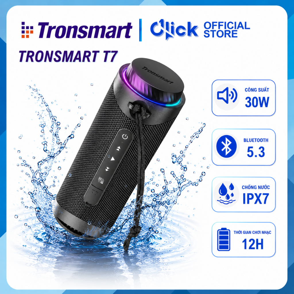 Loa bluetooth Tronsmart T7, chống nước IPX7 Công suất 30W, nghe nhạc 12 giờ, có đèn Led, công nghệ g