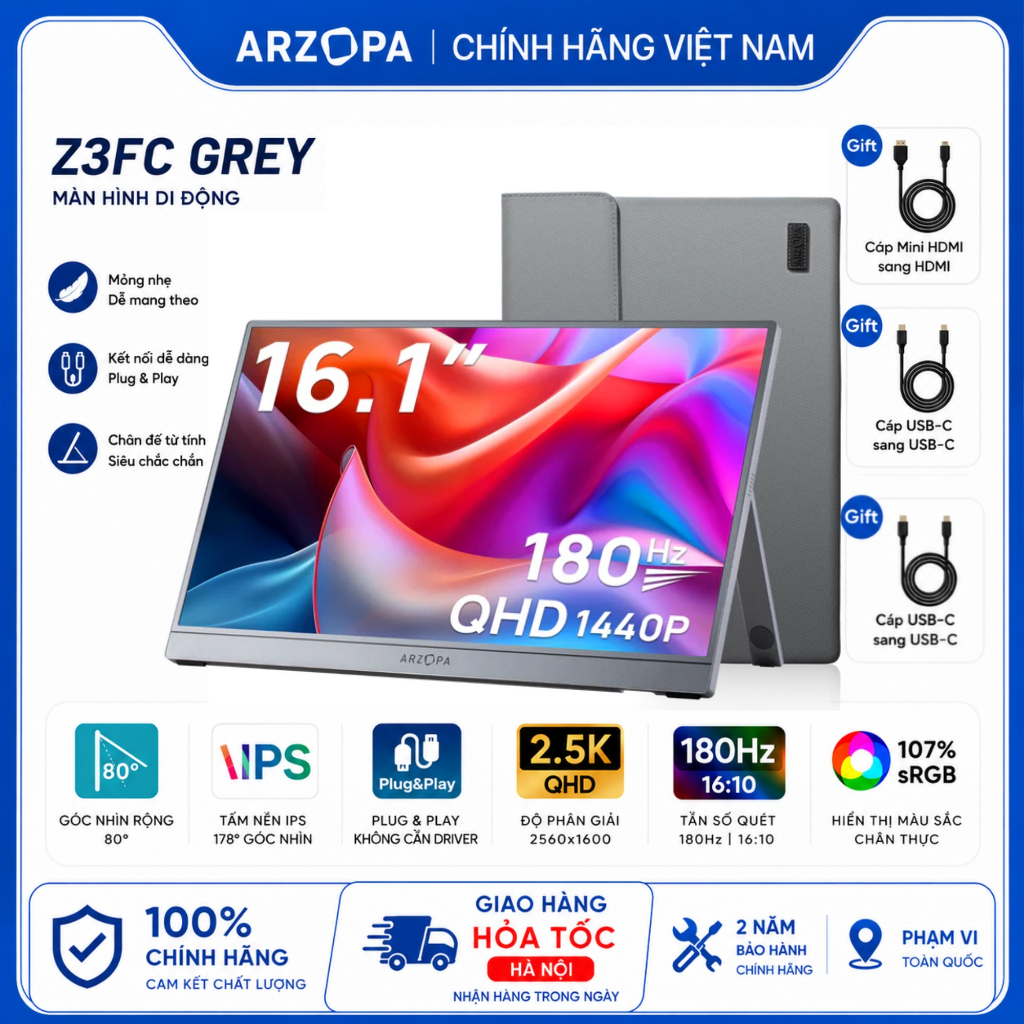 [Hỏa tốc Hà Nội]  Màn Hình Di Động ARZOPA Z3FC 16.1" 2.5K 180Hz IPS | 107% sRGB | USB-C Mini HDMI | 