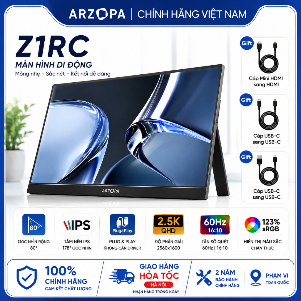 [Hỏa tốc Hà Nội]  Màn Hình Di Động ARZOPA Z1RC 16" 2.5K IPS | 500 Nits | 100% sRGB | USB-C HDMI | Fu