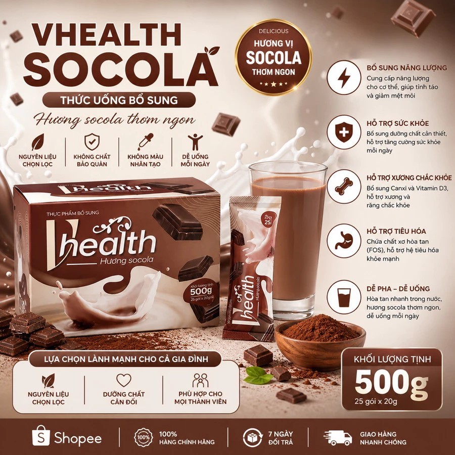 [CHÍNH HÃNG] Thức uống Dinh Dưỡng Vhealth vị Chocolate - Bữa ăn dinh dưỡng lành mạnh - 500g/ hộp × 2