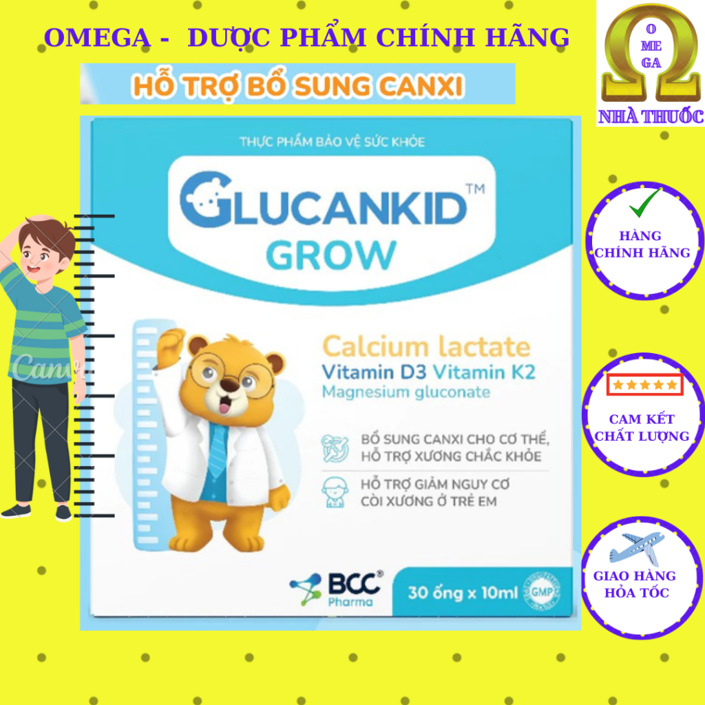 Combo 3 Hộp Calci Glucankid Grow - Canxi Nano Hữu Cơ (HD 2028, 30 ống)- Hỗ Trợ Giảm Nguy Cơ Còi Xươn
