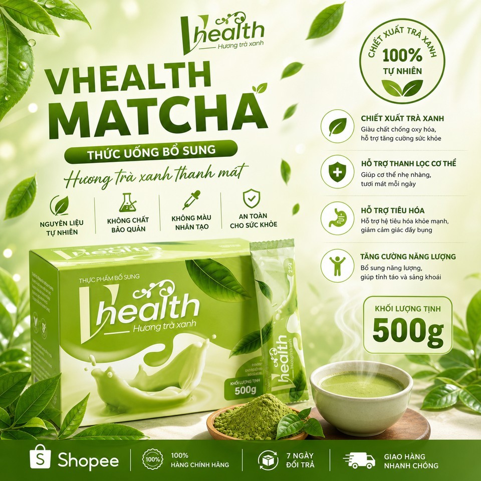 [CHÍNH HÃNG] Thức uống Dinh Dưỡng Vhealth vị Matcha - Bữa ăn dinh dưỡng lành mạnh - 500g/ hộp × 20 g
