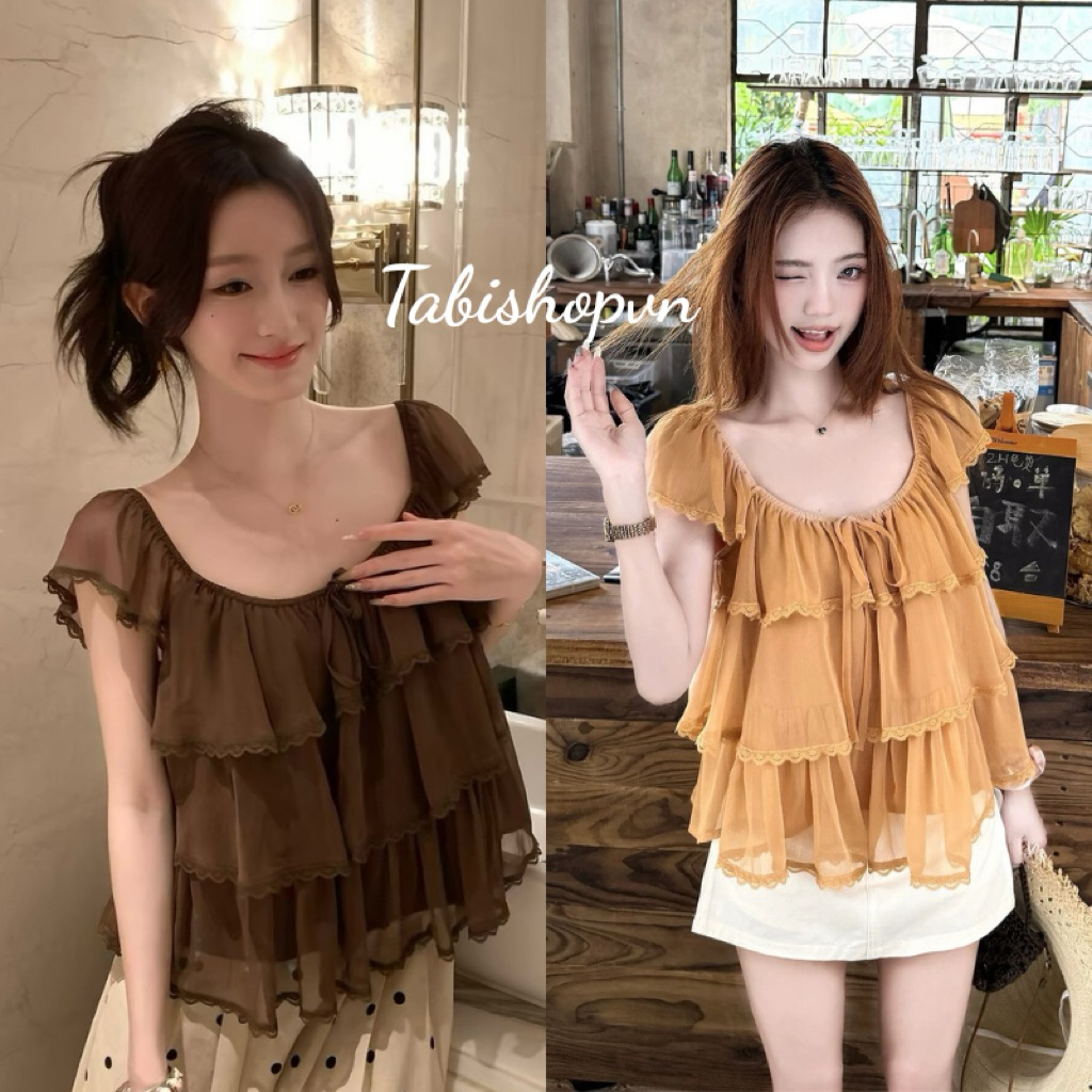 Áo babydoll cổ vuông xếp tầng TABISHOP Áo kiểu nữ dễ thương mặc hè đi chơi(323)
