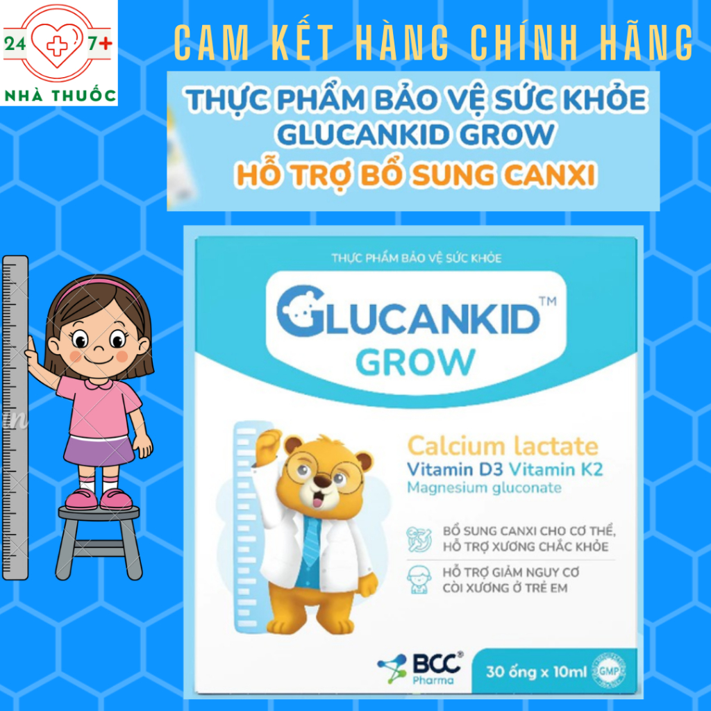 Glucankid Grow - Canxi Nano Hữu Cơ (30ống, HD T11/2027) - Bổ Sung Canxi, Hỗ Trợ Giảm Nguy Cơ Còi Xươ