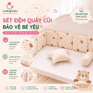 Set 6 đệm quây cũi bằng vải cotton Hàn Quốc gắn thành cũi cho bé – Vuông Tròn