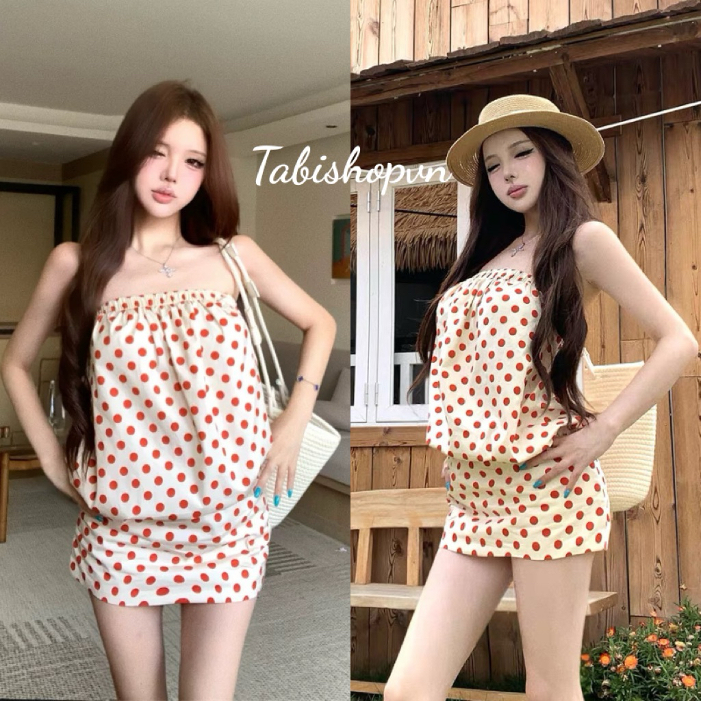 Đầm ống hoạ tiết chấm bi đỏ TABISHOP Váy nữ bo eo tôn dáng mặc hè đi chơi(328)