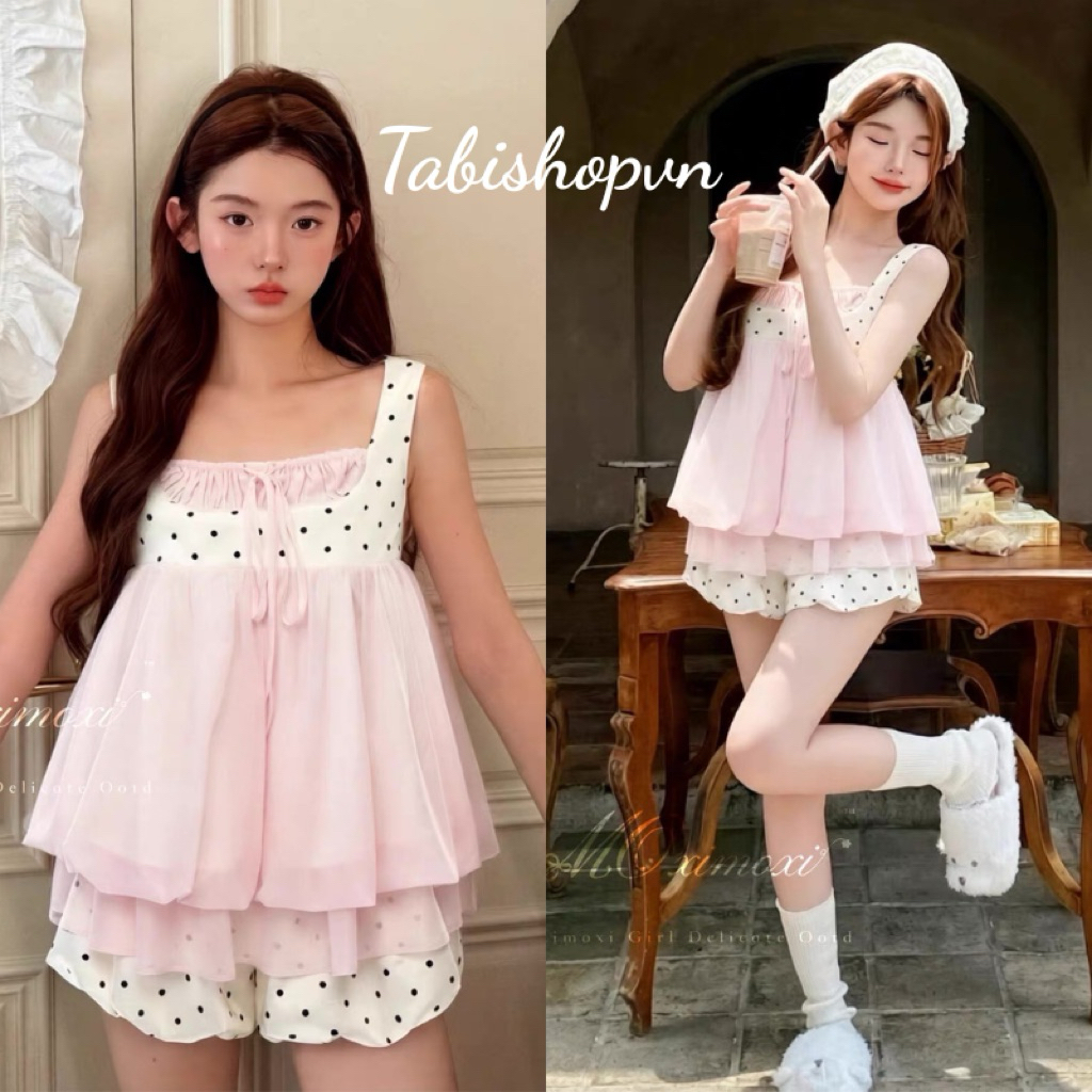 Set bộ nữ áo 2 dây kèm quần bí chấm bi TABISHOP Đồ bộ nữ mặc hè màu hồng xinh xắn(332) | BigBuy360 - bigbuy360.vn