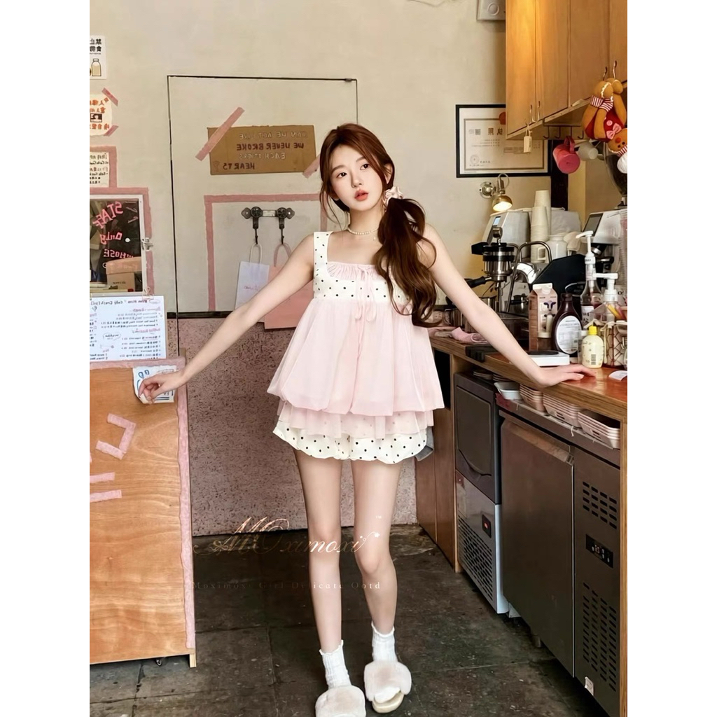 Set bộ nữ áo 2 dây kèm quần bí chấm bi TABISHOP Đồ bộ nữ mặc hè màu hồng xinh xắn(332) | BigBuy360 - bigbuy360.vn