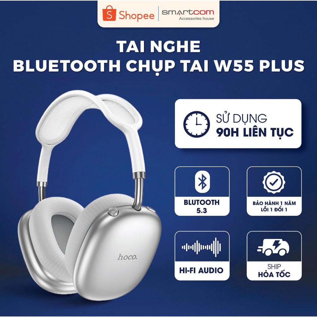 [Tặng bọc tai nghe] Tai nghe chụp tai bluetooth Hoco W55 Plus pin 90 tiếng bass mạnh, tai nghe chụp tai có dây