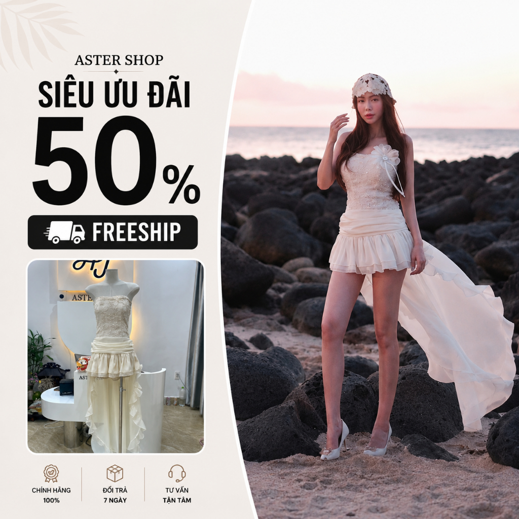 Váy cup ngực ren thêu hoa chân váy voan tơ tầng tà dài TKCC BAGEO - Aster Shop