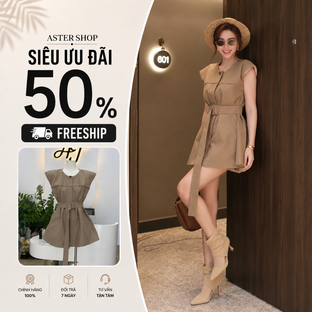 CHUẨN HÃNG MẪU MẶC Áo dáng váy phom suông kèm đai rời TKCC BAGEO - Aster shop