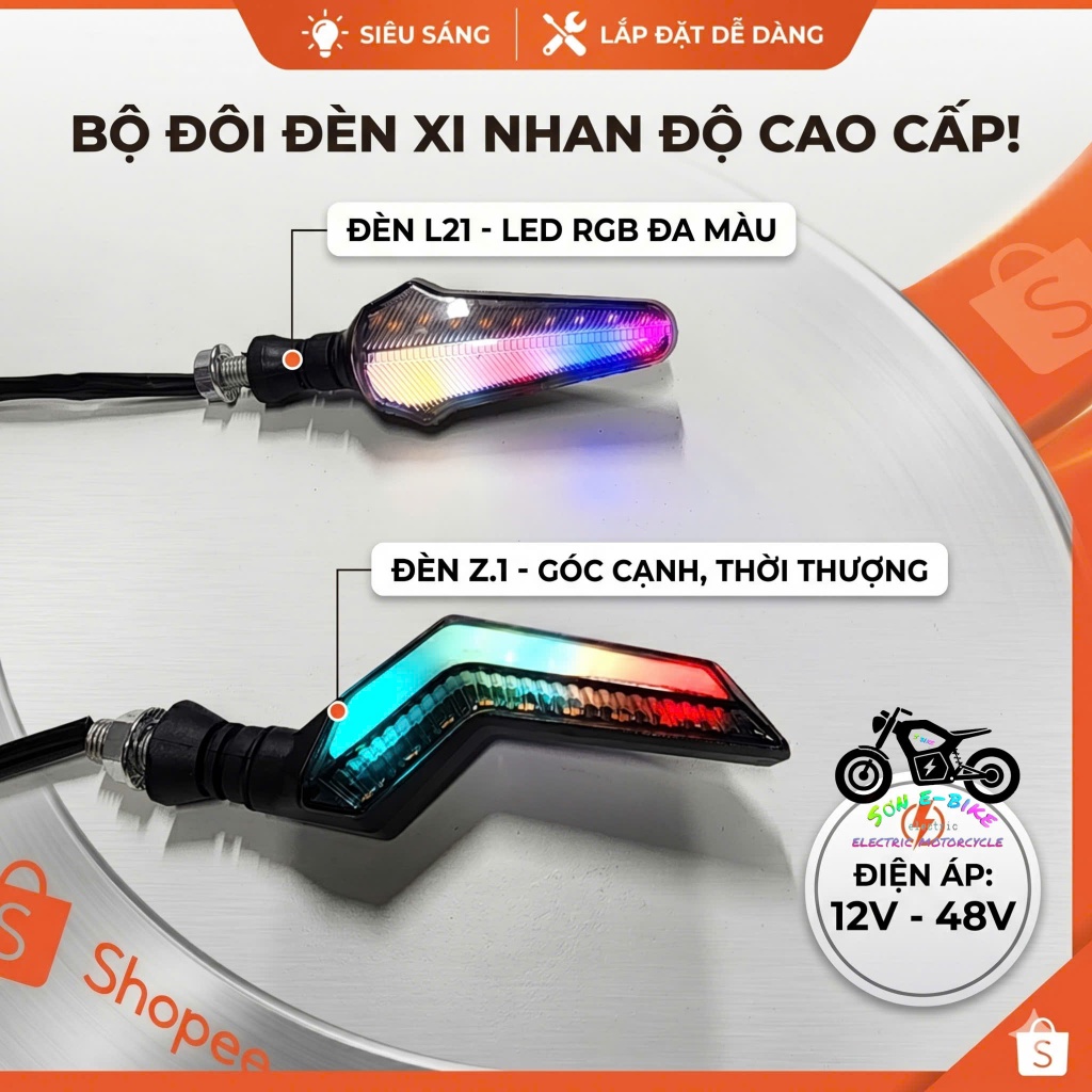 Đèn Xi Nhan Độ 7 màu L21 và xi nhan Z  Siêu Sáng,Nguồn 12V đến 48V lắp cho các dòng xe điện xe máy V