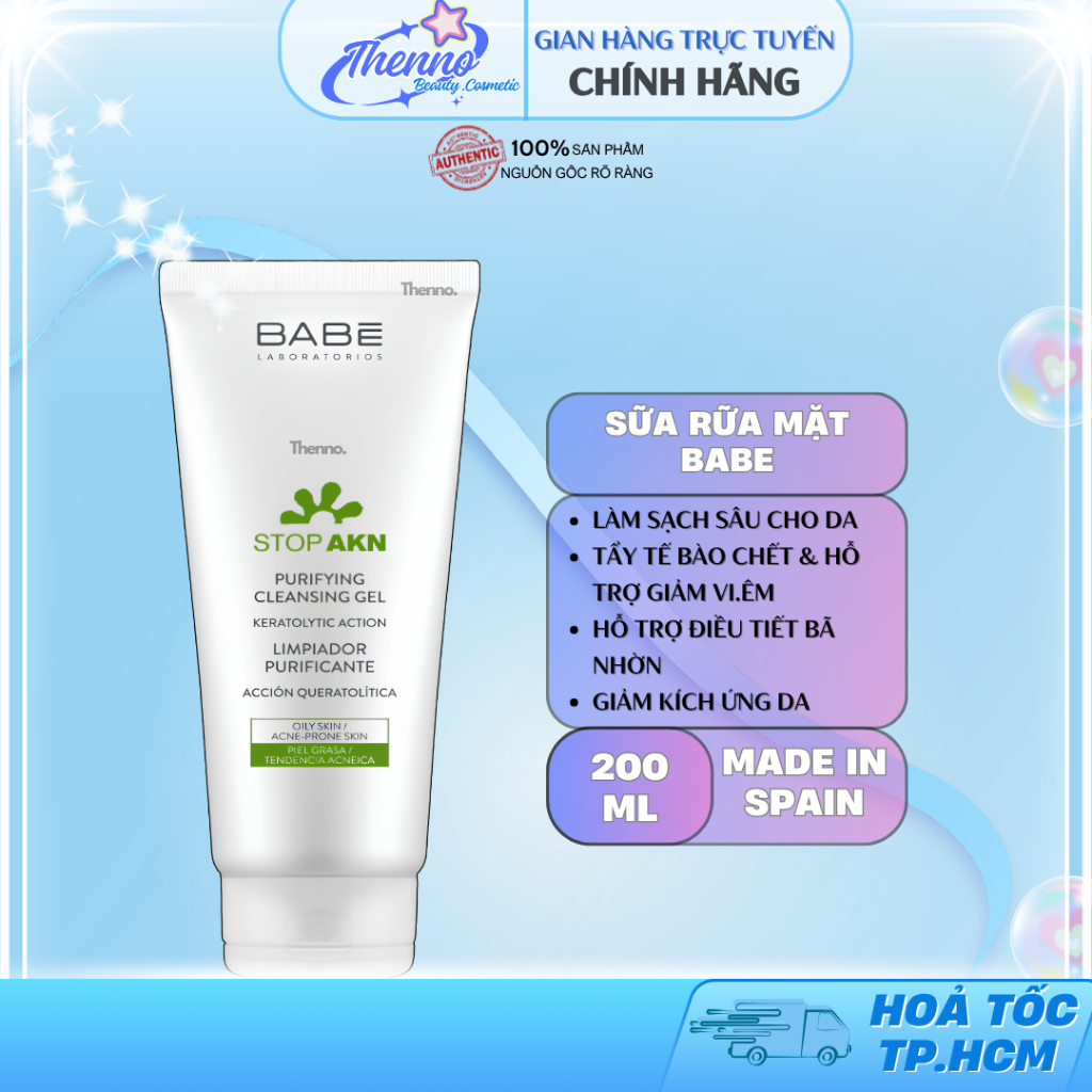 Sữa Rửa Mặt Kiểm Soát Dầu, Giảm Mụn BABE Stop AKN Purifying Cleansing Gel 100ml/200ml Hàn Quốc
