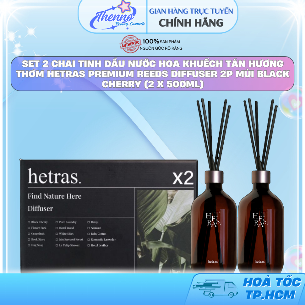 Set 2 Chai Tinh Dầu Nước Hoa Khuếch Tán Hương Thơm Hetras Premium Reeds Diffuser 2P Mùi Black Cherry
