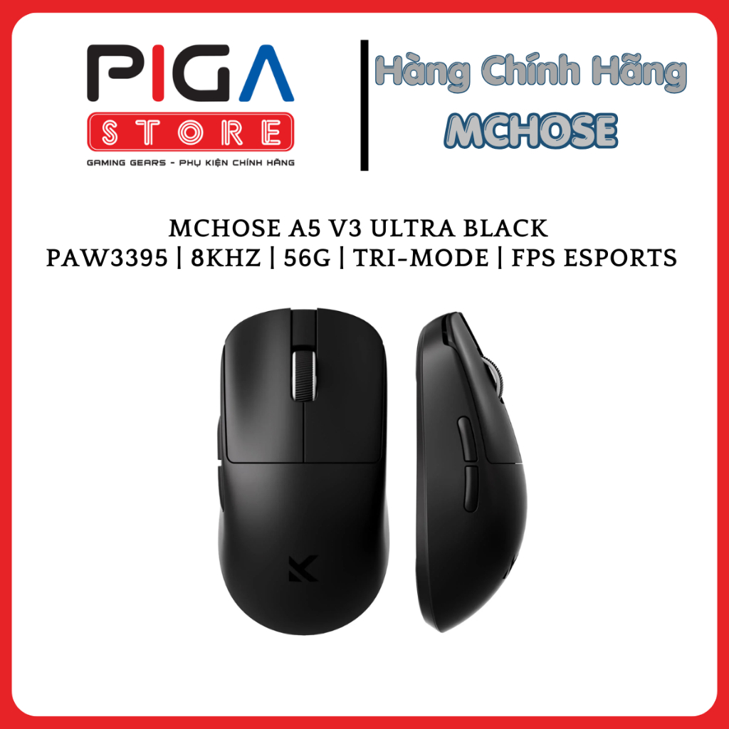 Chuột gaming MCHOSE A5 V3 Ultra Black | PAW3395 | 8KHz | 56g | Tri-mode | FPS eSports