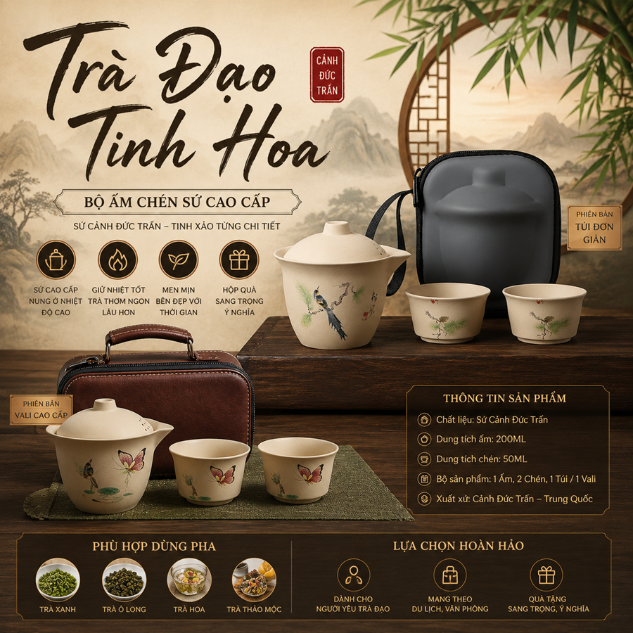 Bộ Ấm Chén Pha Trà Đối Ẩm (Kèm Túi Du Lịch)