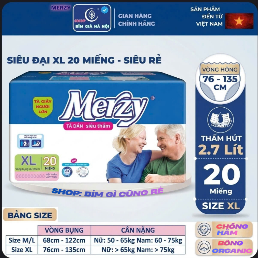 (Sỉ 100m) Bỉm già Merzy XL20 ML20 M20 siêu thấm #merzy #caryn #phú đạt #tã merzy #bỉm merzy #bỉm già