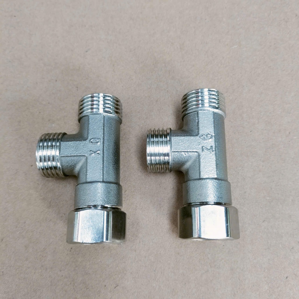 Compo 2 cái; Tê hai đầu ren ngoài, một đầu ren trong có rắc co, ren 1/2 inch-21mm