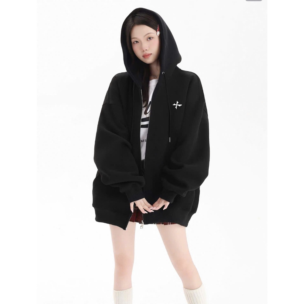 Áo khoác Hoodie Zip Nỉ Bông Form Rộng Uniex_Mũ To 2 Lớp Trendy_CROSS SYMBOL