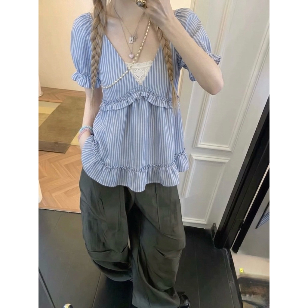Áo Babydoll Cổ Chữ V Kẻ Sọc Phối Ren [FREESHIP]🌸 Áo Bèo Nữ Kiểu Tay Phồng Phong Cách Ulzzang🌸 | BigBuy360 - bigbuy360.vn