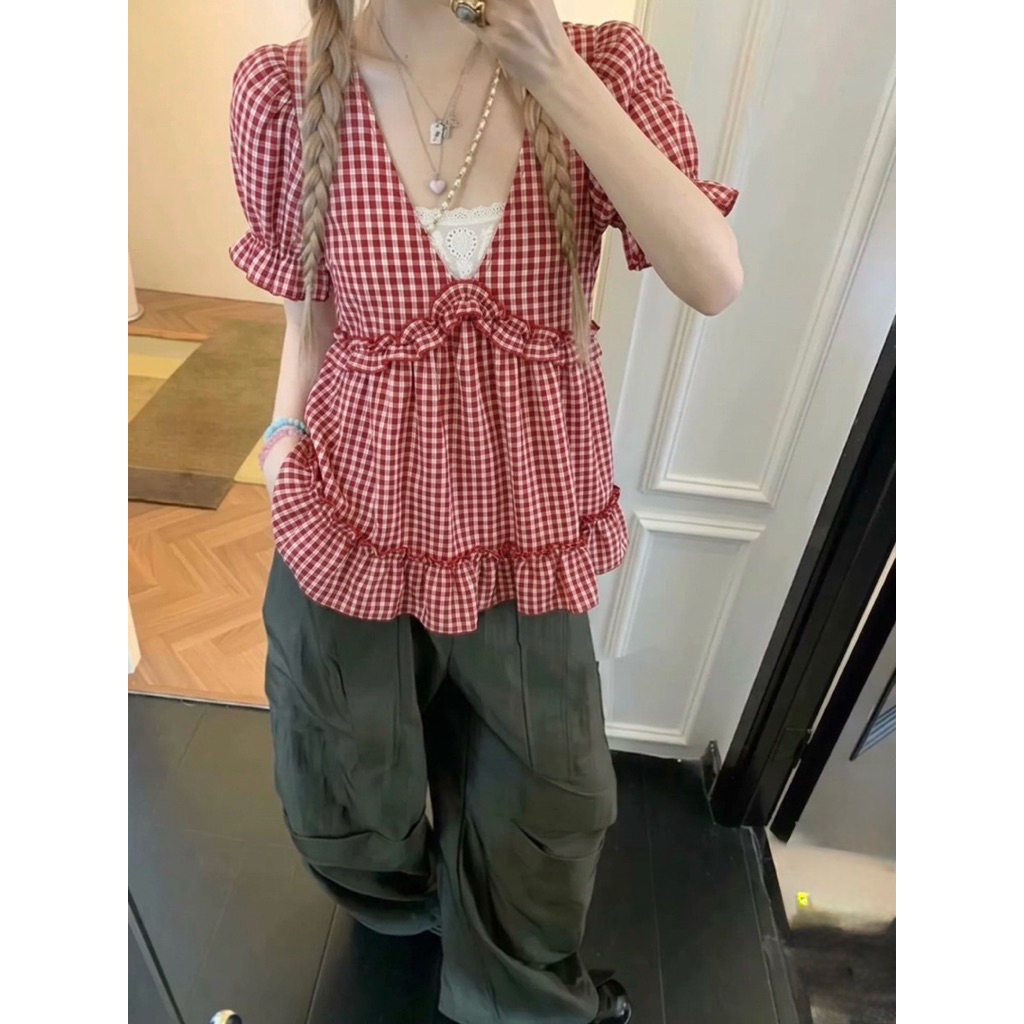 Áo Babydoll Cổ Chữ V Kẻ Sọc Phối Ren [FREESHIP]🌸 Áo Bèo Nữ Kiểu Tay Phồng Phong Cách Ulzzang🌸 | BigBuy360 - bigbuy360.vn