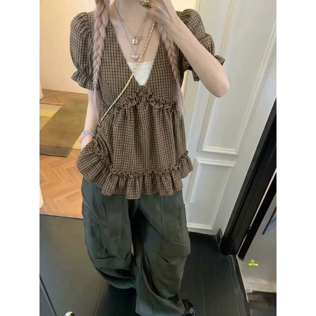 Áo Babydoll Cổ Chữ V Kẻ Sọc Phối Ren [FREESHIP]🌸 Áo Bèo Nữ Kiểu Tay Phồng Phong Cách Ulzzang🌸 | BigBuy360 - bigbuy360.vn