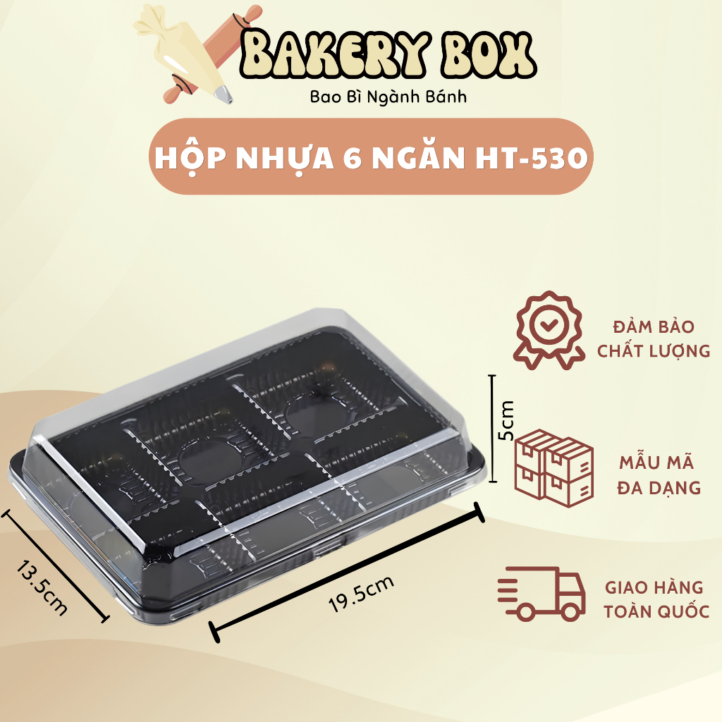 50 Hộp Bánh 6 Ngăn HT-530 Đựng Bánh Trung Thu, Su Sing, Mochi, Bánh Thỏi Vàng (50gr ~ 75gr)