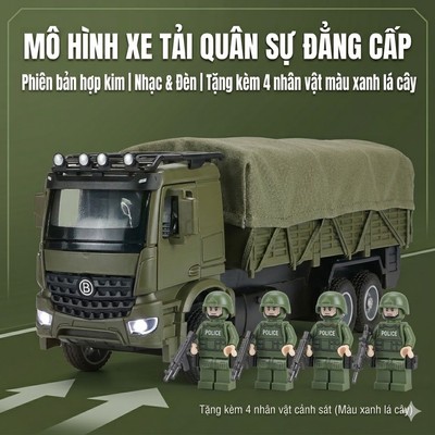 Đồ chơi xe vận tải quân sự KAVY bằng hợp kim có nhạc và đèn tặng kèm 4 nhân vật chạy cót có mái che
