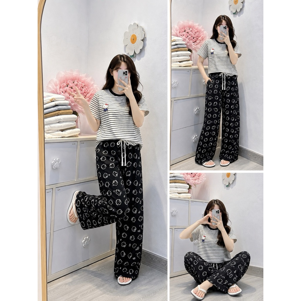 Áo thun kẻ sọc cọc tay in kitty habo + quần xuông kitty cạp trắng