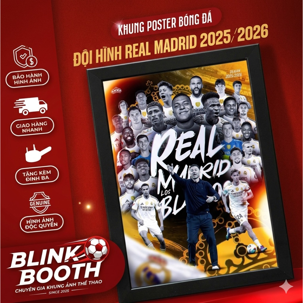 Khung Ảnh Poster Real Madrid 25/26 Cao Cấp – Tranh Real Madrid Treo Tường & Để Bàn Decor Fan Bóng Đá