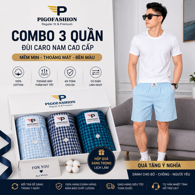 Bộ 3 quần đùi caro nam mặc nhà vải kate cotton có túi SPMQDCR03 PigoFashion