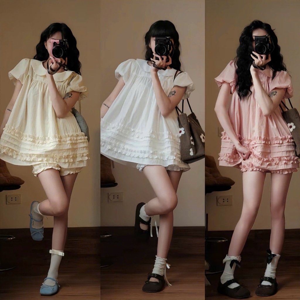 (KÈM QUẦN) Set Áo váy sơ mi kiểu nữ S240 Kozoda chất gió hàn họa tiết viền bèo babydoll tiểu thư ngắ
