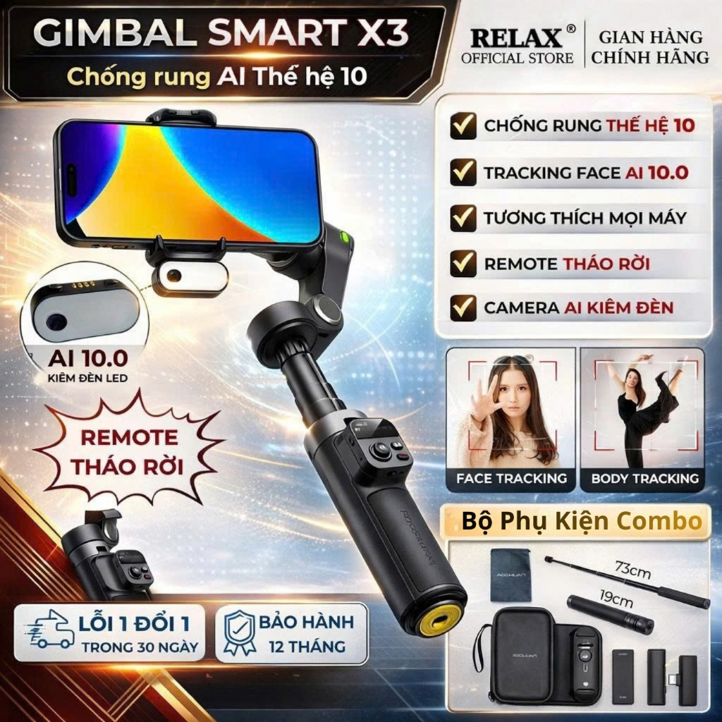 Gimbal SMART X3 PRO phiên bản 2026, Gymbal chống rung điện thoại quay phim chụp ảnh theo dõi vật thể