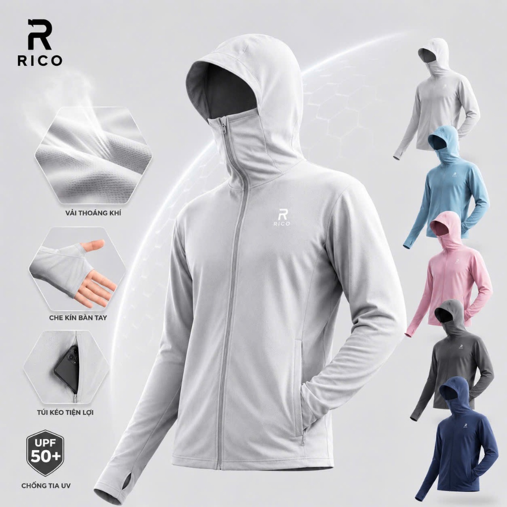 Áo chống nắng 2 lớp UPF 50+ chống tia UV nam nữ khoá kéo cổ cao M08 Rico