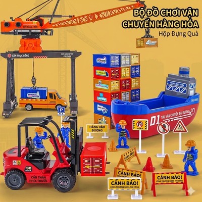 Đồ chơi bộ công trình vận tải cảng biển KAVY gồm cần cẩu, thuyền, xe tải, xe nâng có rơ móc chuyển động