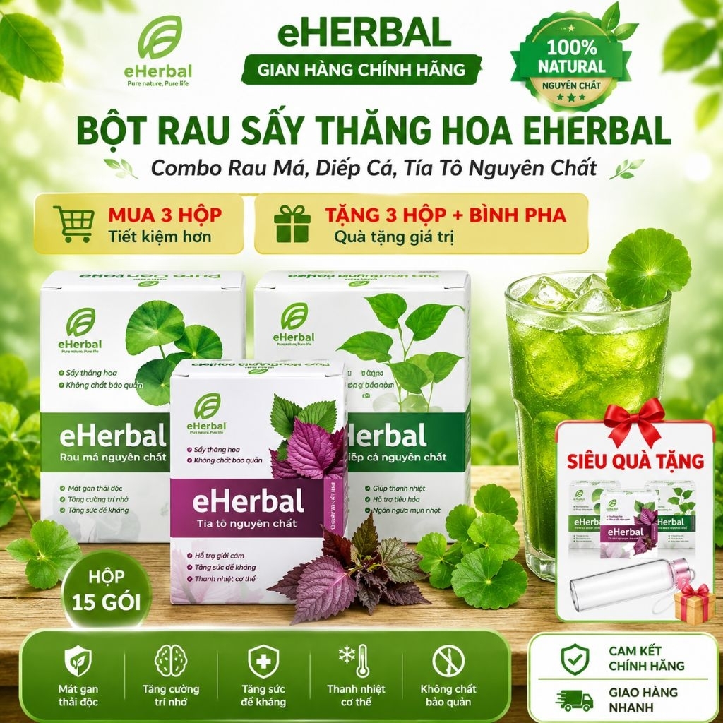Bột Rau Detox Rau Má, Tía Tô, Diếp Cá Sấy Thăng Hoa eHerbal Nguyên chất 100%,KHÔNG đường/ mật ong