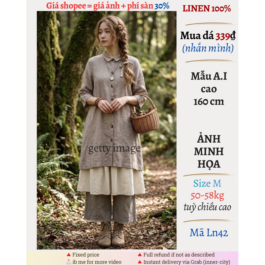 3️⃣3️⃣9️⃣ [used Nhật] Đầm linen 100, hiệu Mur-mur, xám khói, túi sườn, size M (50-55kg), mã ln42
