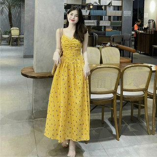 Đầm thời trang nữ dự tiệc chất voan hoa cổ dây không tay có mút nhún ngực chạy smocking thân sau có lót váy xoè maxi