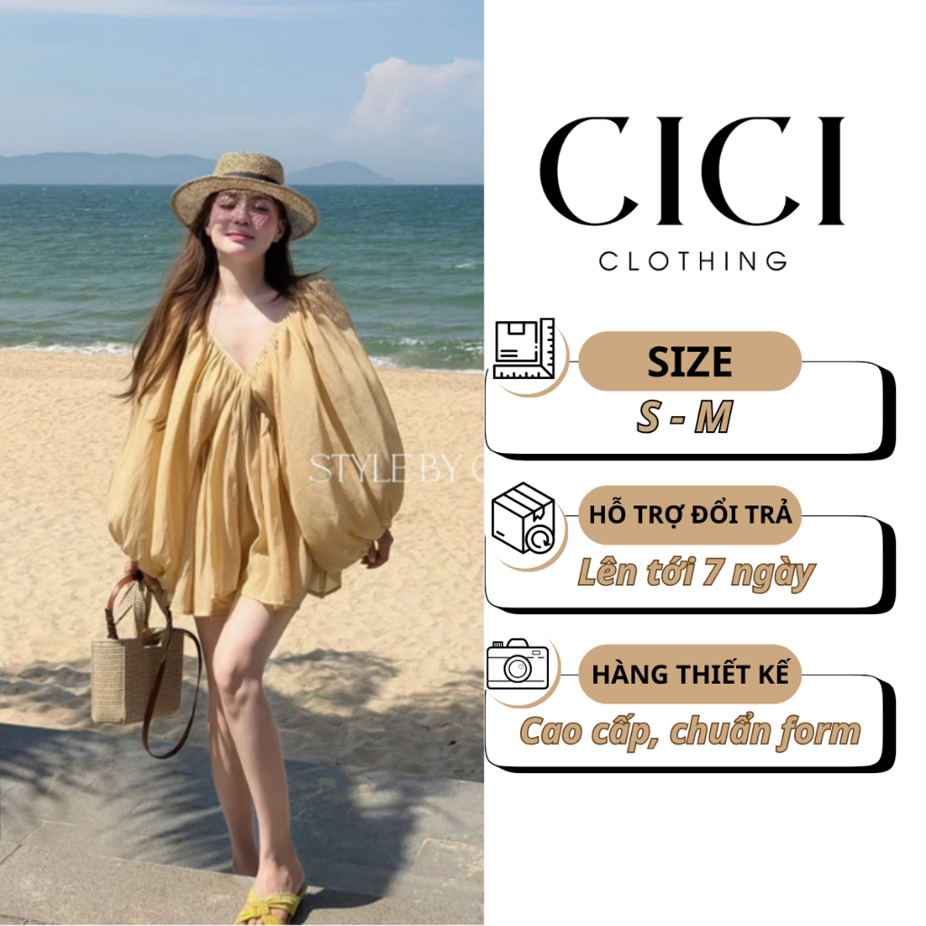 Set Voan Nữ Áo Suông Rộng Nhún Ly Cổ V Tay Dài Bồng Kèm Quần Short Dây Buộc Lưng - CiCi clothing