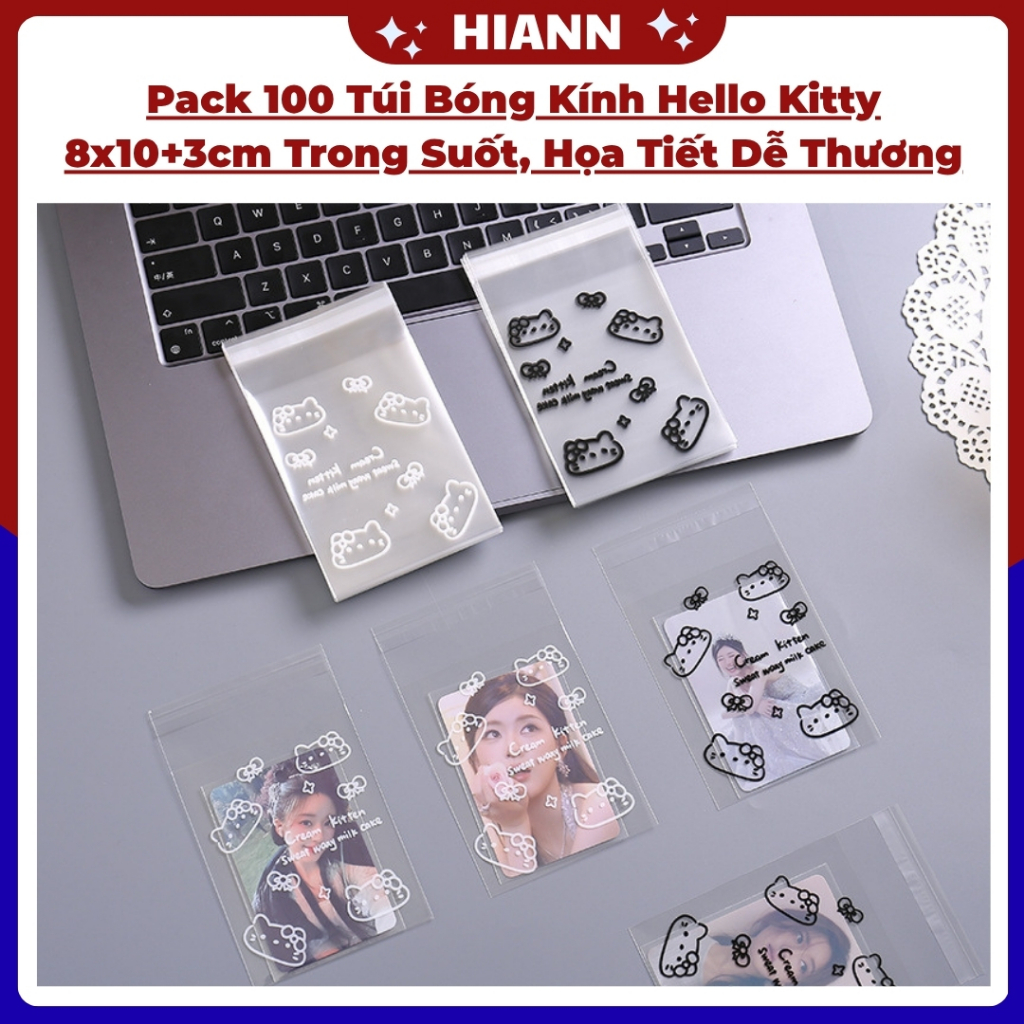 Pack 100 Túi Bóng Kính Hello Kitty 8x10+3cm Trong Suốt, Họa Tiết Dễ Thương, Phụ Kiện Bao Bì Đồ Gói