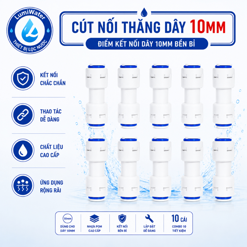 Cút Nối Thẳng Dây 10mm - (Dùng Cho Máy Lọc Nước, Máy Phun Sương)