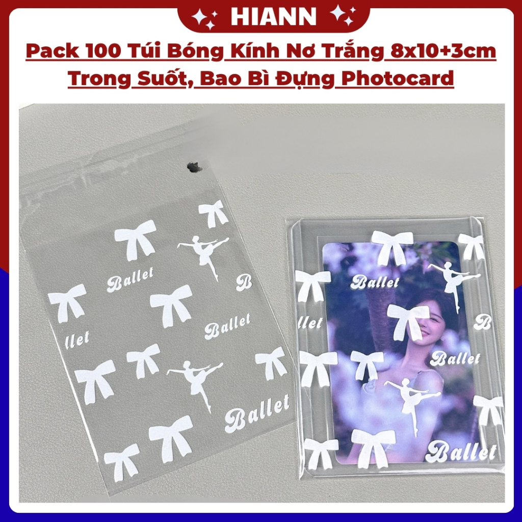 Pack 100 Túi Bóng Kính Nơ Trắng 8x10+3cm Trong Suốt, Bao Bì Đựng Photocard, Phụ Kiện Đồ Gói Decor
